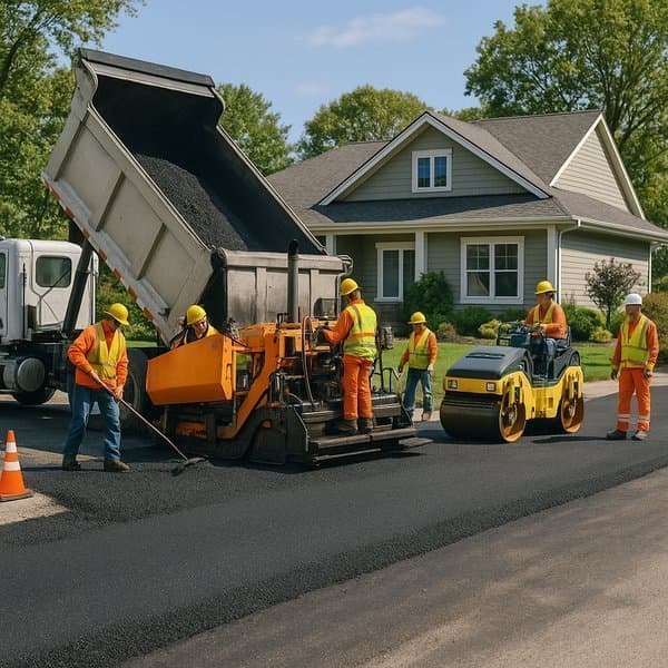 Freshly sealed blacktop driveway with crisp edges at a suburban home