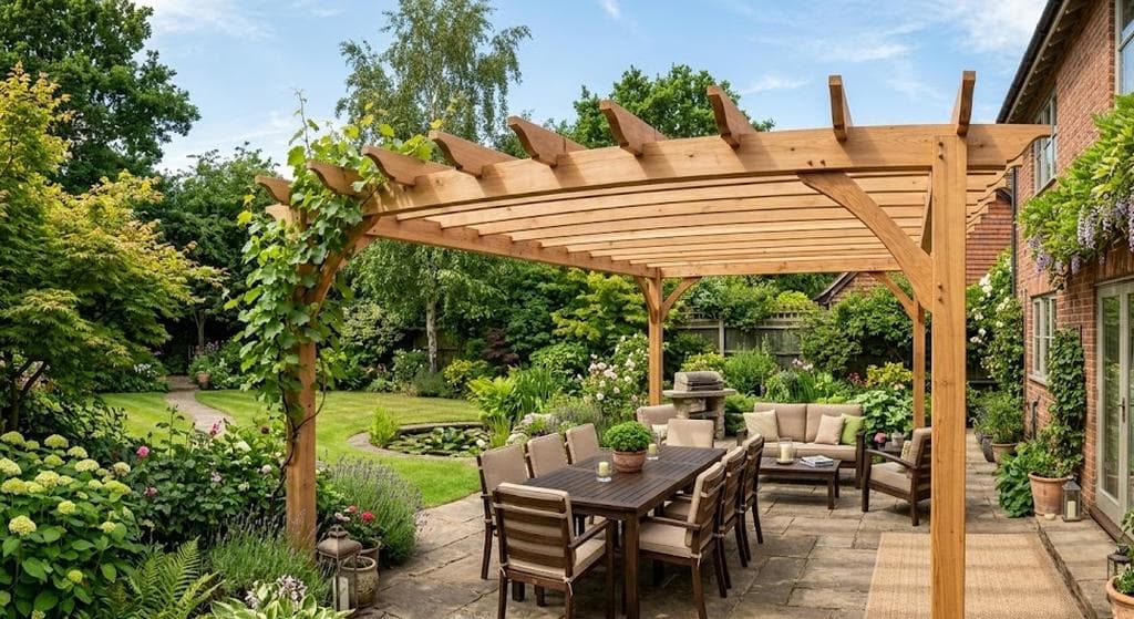 Backyard outdoor kitchen with grill island, countertop, and pergola