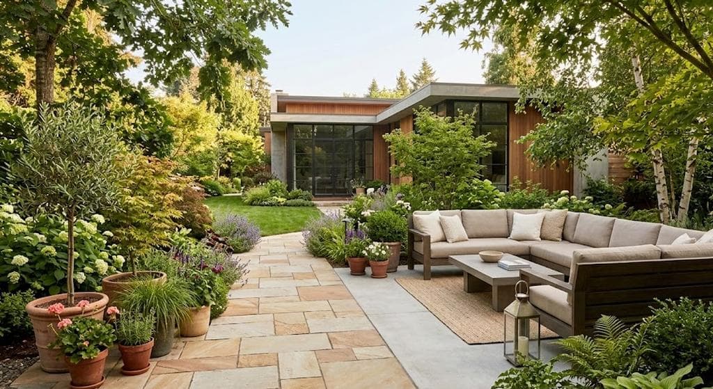 Newly installed paver patio with outdoor dining furniture surrounded by garden beds