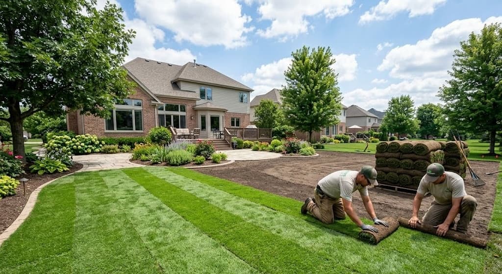 Crew cutting and rolling up old sod from a residential yard before reinstalling grass