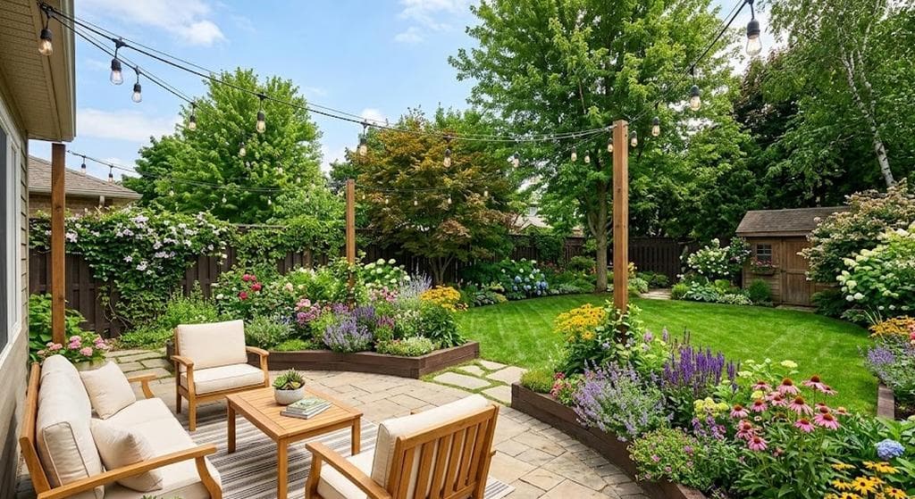 White vinyl privacy fence surrounding a sunny suburban backyard