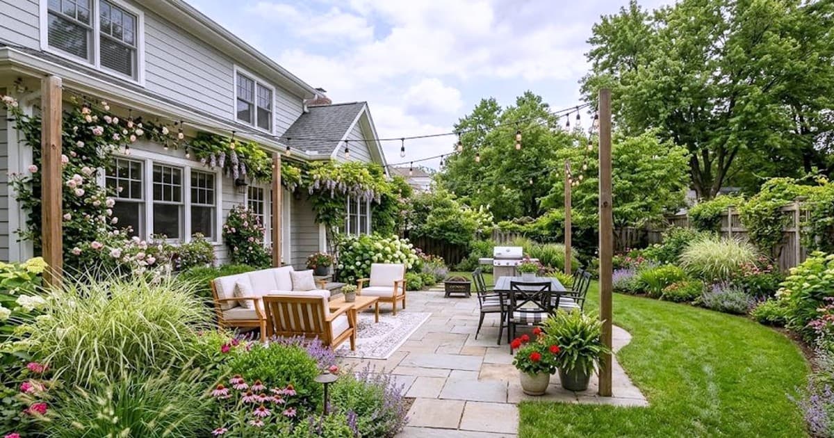 Backyard water feature in a residential garden