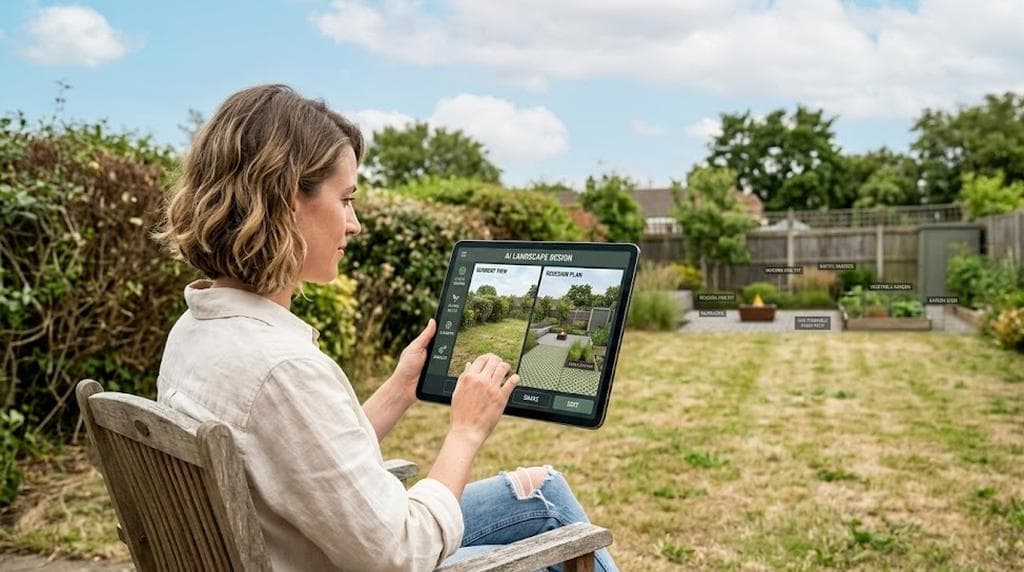 Homeowner comparing AI-generated landscape design options for a real backyard project