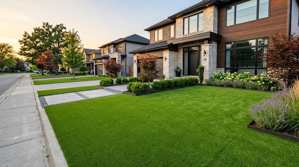 Lush artificial grass lawn in a modern backyard with clean edges and sunny weather