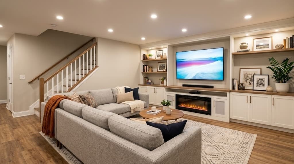 Bright finished basement family room with lighting and modern flooring
