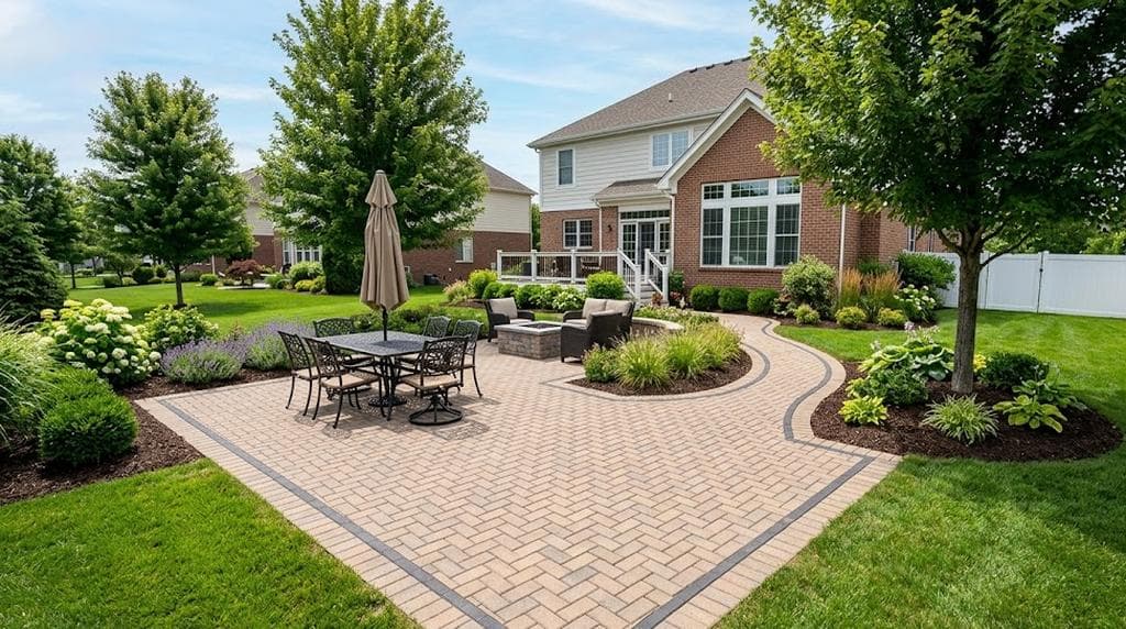 Brick paver patio with border course in a backyard