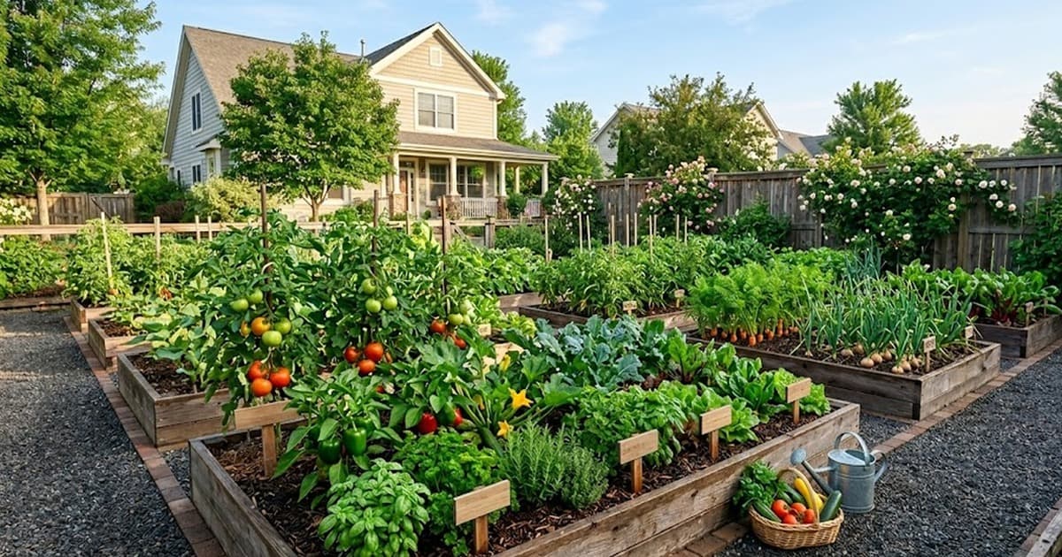 Beautiful organized vegetable garden with raised beds showing efficient layout design principles