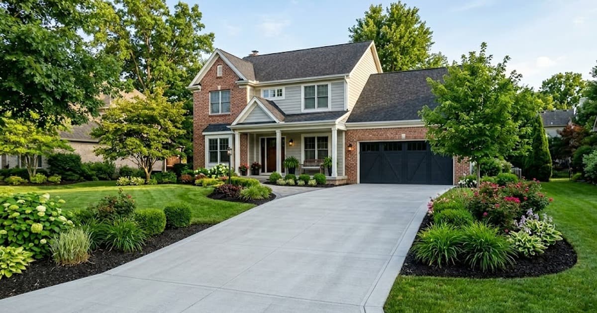 Freshly poured residential concrete driveway with smooth finish and green lawn edging