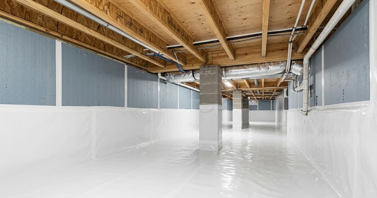 Sealed residential crawl space with white liner and clean framing