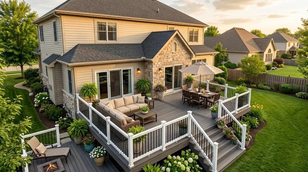 Wooden deck attached to a house with framing and finished composite decking visible