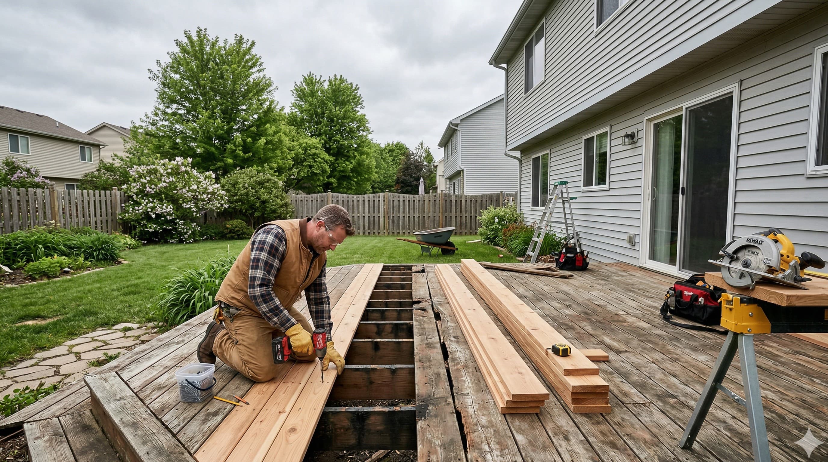 Contractor replacing weathered deck boards on a residential backyard deck