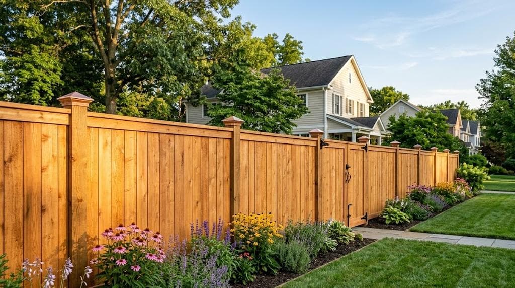 Professional fence installer setting wooden fence posts in a residential backyard on a sunny day