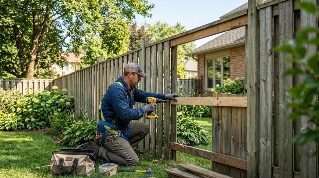 Worker replacing damaged wood fence boards and resetting a fence post in a suburban backyard