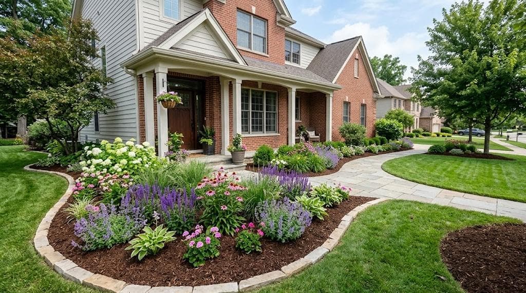 Freshly installed residential flower bed with clean edging, mulch, and layered planting