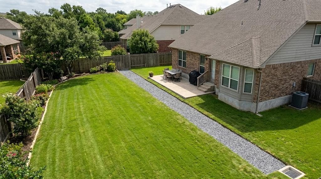 Residential French drain trench with perforated pipe and washed gravel