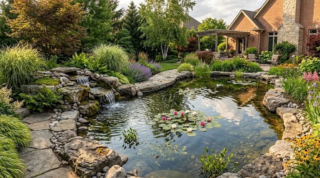 Professionally installed garden pond with stone edging, aquatic plants, and waterfall feature in a residential backyard