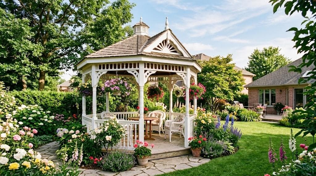 Wooden gazebo installed over a backyard patio