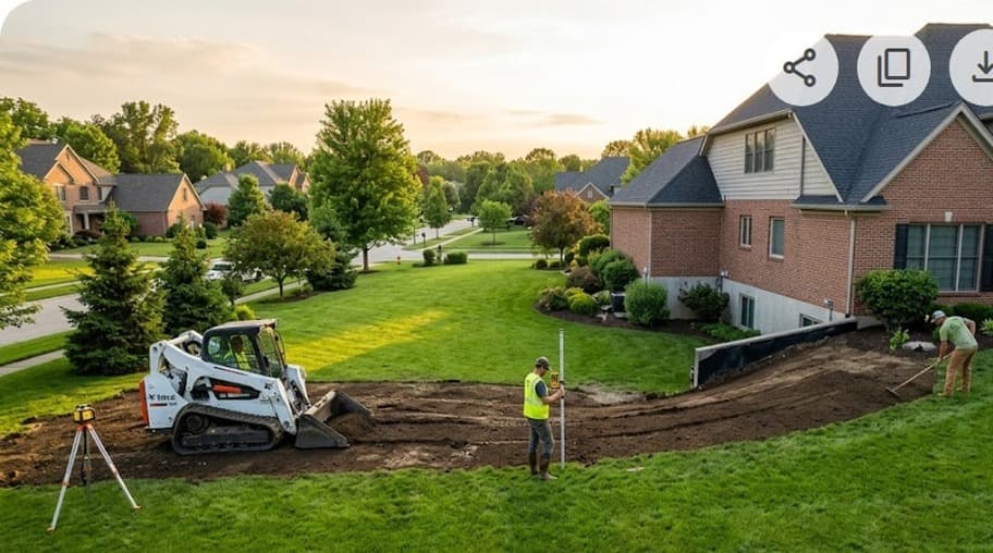 Excavator grading a residential backyard with visible slope correction and topsoil work