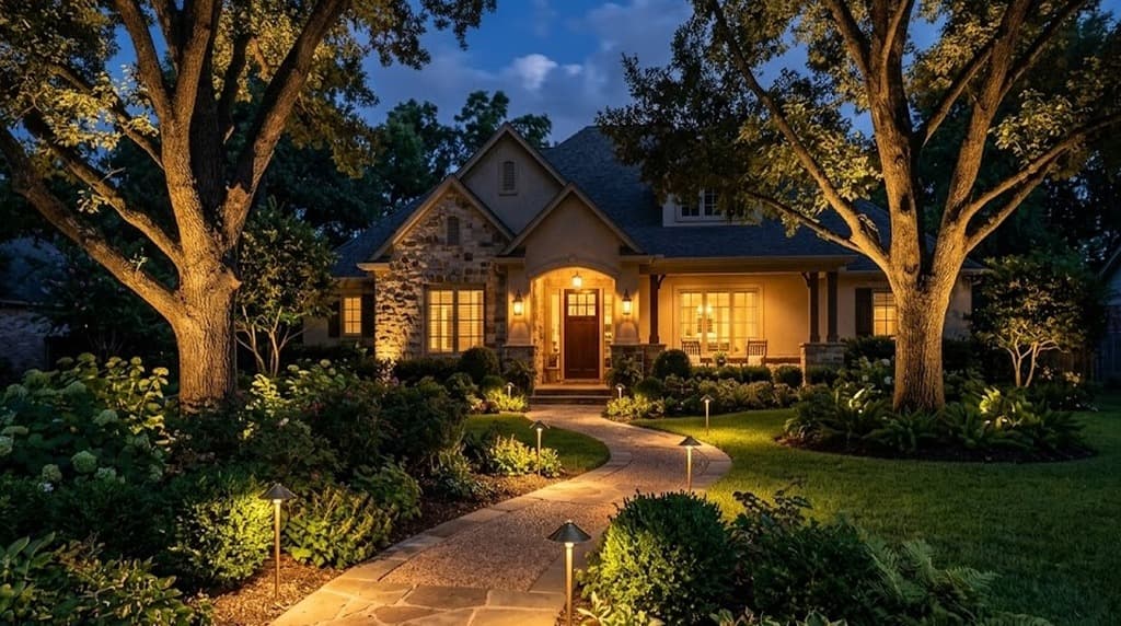 Professionally installed landscape lighting illuminating a residential yard at night, with path lights along a stone walkway and uplights on mature trees