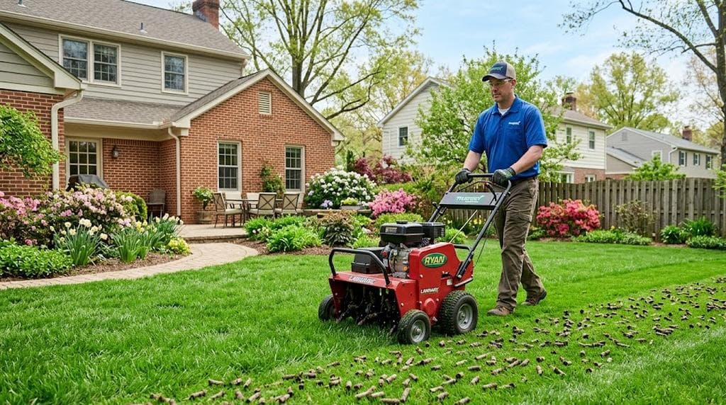 Core aeration machine removing soil plugs from a residential lawn