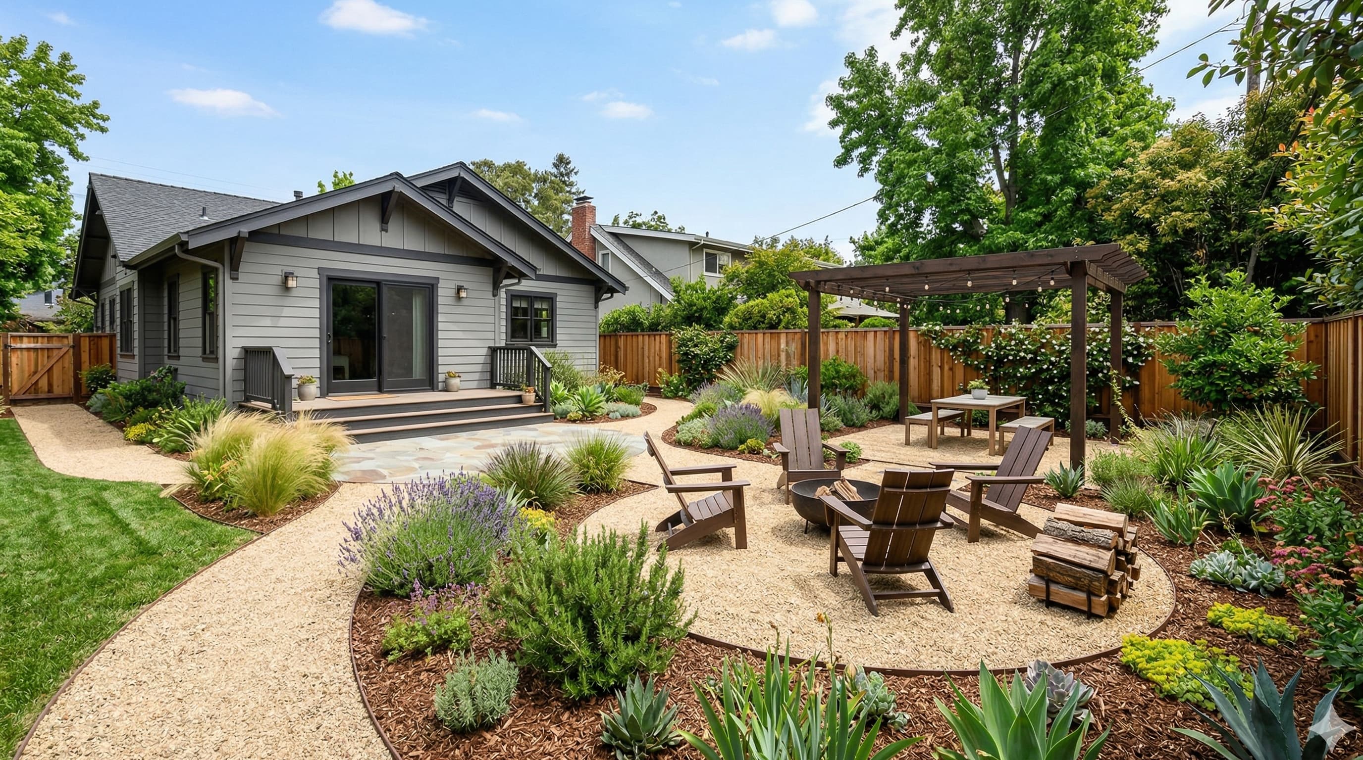 Pea gravel patio with metal edging in a backyard
