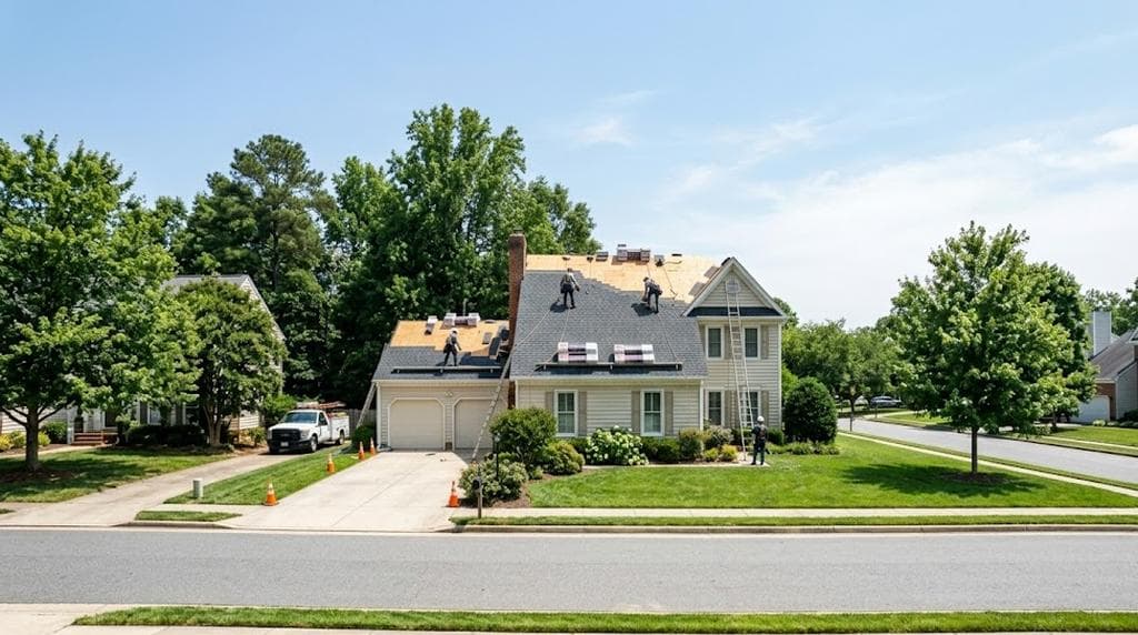 Crew replacing asphalt shingles on a residential roof