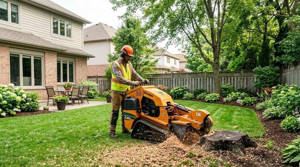 Tree stump being ground down in a suburban front yard