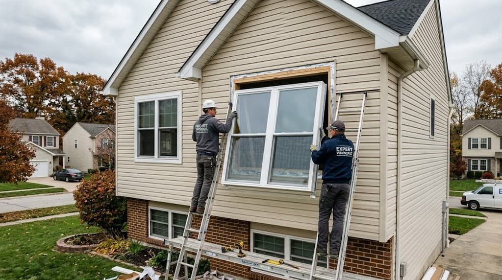 Workers installing a new residential replacement window