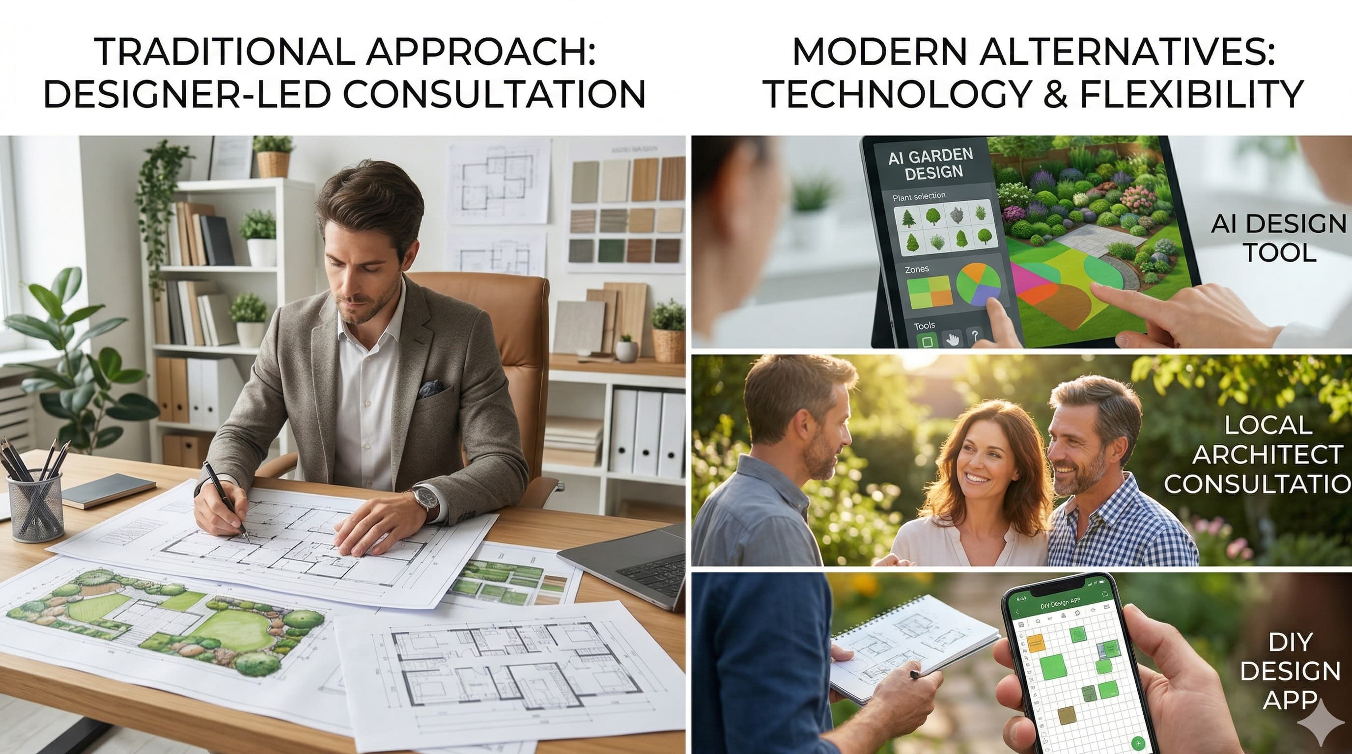 A homeowner comparing AI-first yard planning, remote design packages, and practical alternatives to ShrubHub