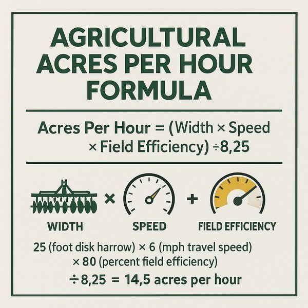 Acres per hour formula diagram with width, speed, and efficiency examples