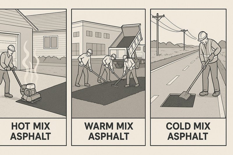 Technical comparison showing three asphalt types - hot mix for residential driveways, warm mix for commercial parking lots, and cold mix for utility repairs