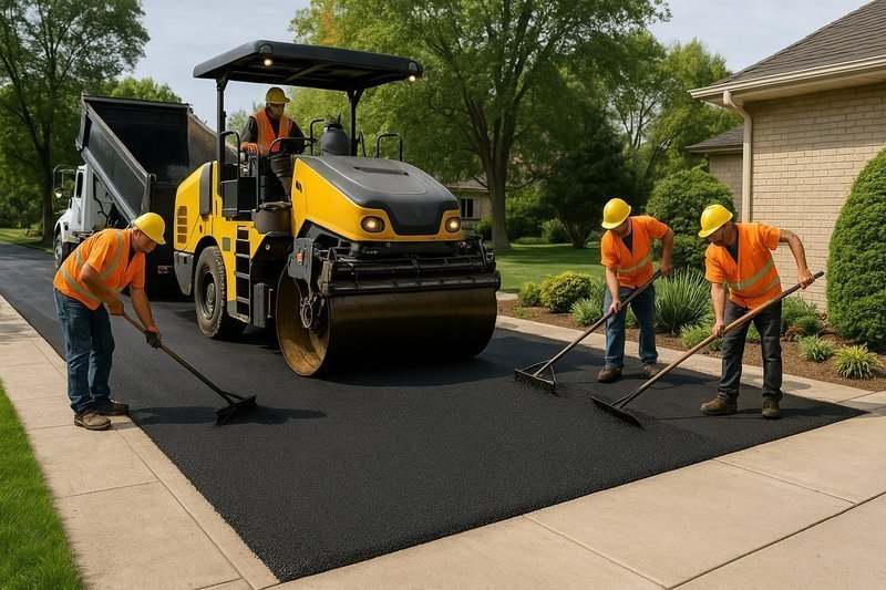 Professional asphalt paving operation in progress with modern paving machine and crew laying smooth black asphalt on residential driveway