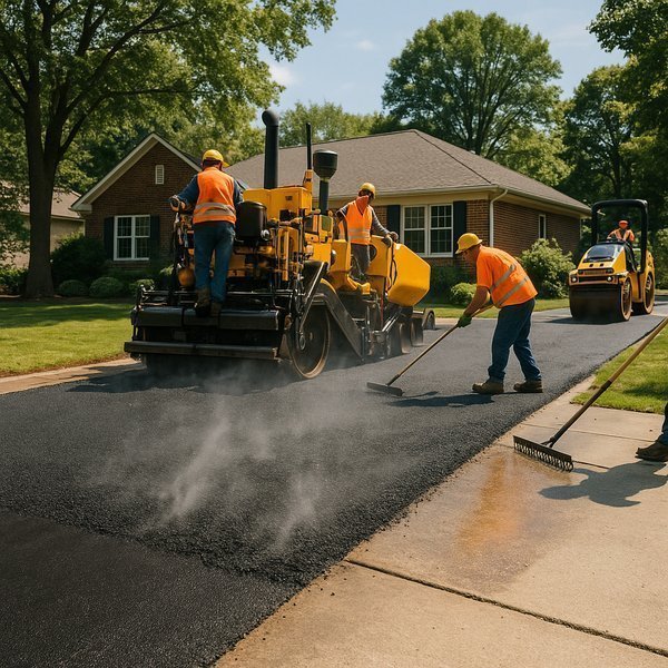 Professional asphalt driveway installation showing workers operating paving equipment and compacting fresh asphalt