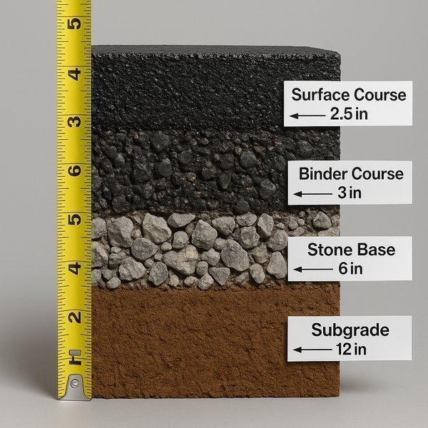 Technical diagram showing asphalt thickness measurements and density calculations for different layer depths