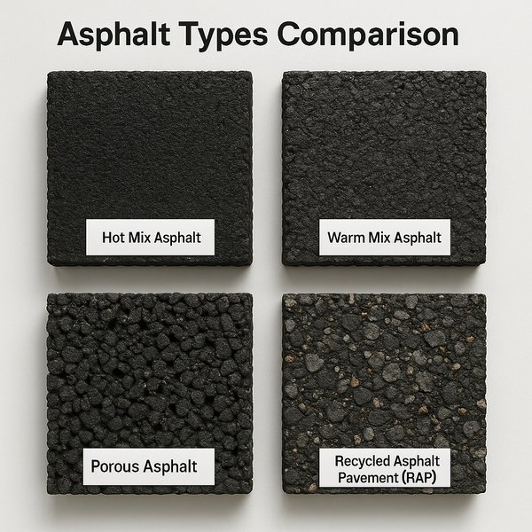 Comparison chart of different asphalt types showing hot mix, warm mix, recycled, and porous asphalt compositions