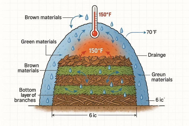 Cross-section of properly layered compost pile with temperature zones