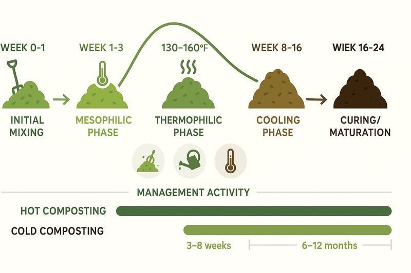 Comprehensive composting timeline showing hot and cold methods