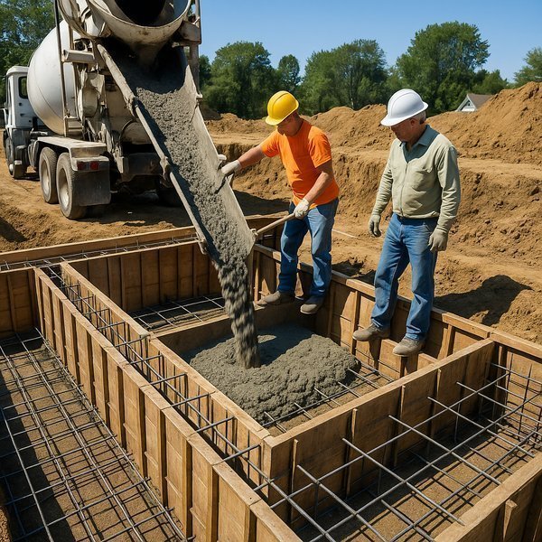 Concrete foundation pour with rebar reinforcement