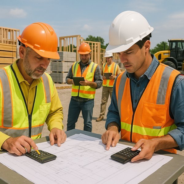 Construction project planning with blueprints, lumber, and digital calculators