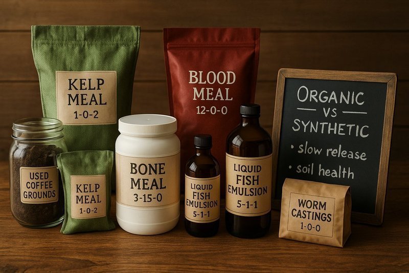 Organic fertilizer options including compost, bone meal, and kelp meal