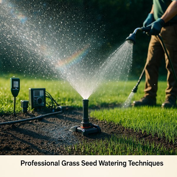 Time-lapse sequence showing grass seed germination stages from day 1 through 4 weeks, displaying seedling emergence, establishment, and early growth phases