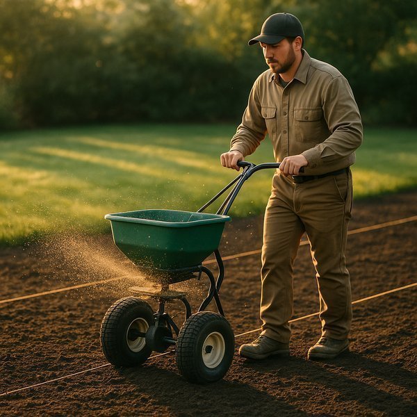 Professional lawn seeding showing landscaper applying grass seed with broadcast spreader on prepared soil in early morning light