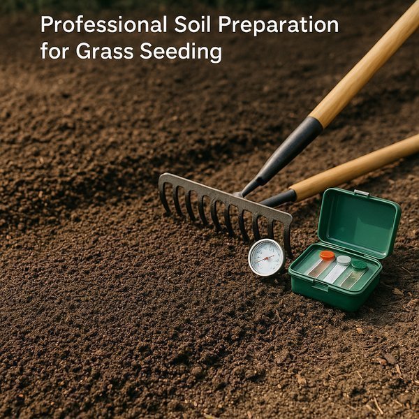 Professional seeding technique demonstration showing broadcast spreader application, hand seeding methods, and slit seeding equipment on prepared lawn area