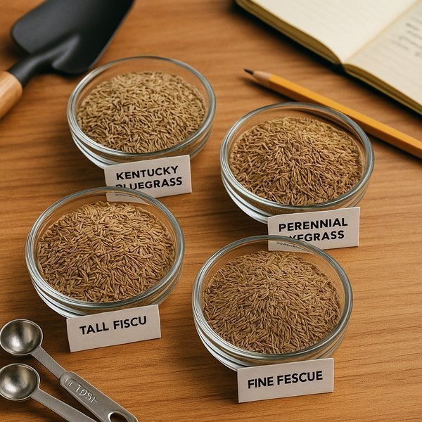 Side-by-side comparison showing different grass seed types with detailed close-ups of Kentucky bluegrass, perennial ryegrass, tall fescue, Bermuda grass, and specialty blends