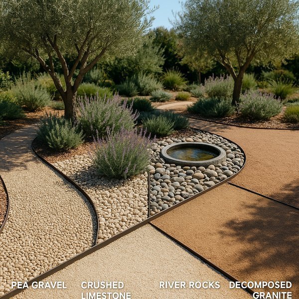 Comparison of common gravel and crushed stone sizes with labeled samples