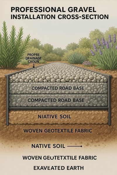 Cross-section of layered gravel base, drainage fabric, and finished surface