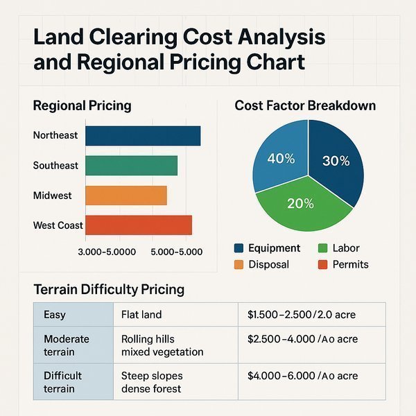 Land clearing cost breakdown by vegetation density and terrain complexity