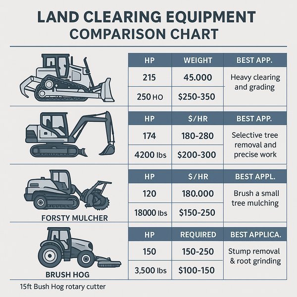 Comprehensive equipment comparison showing different types of land clearing machinery