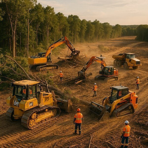 Professional land clearing operation with heavy equipment and safety protocols