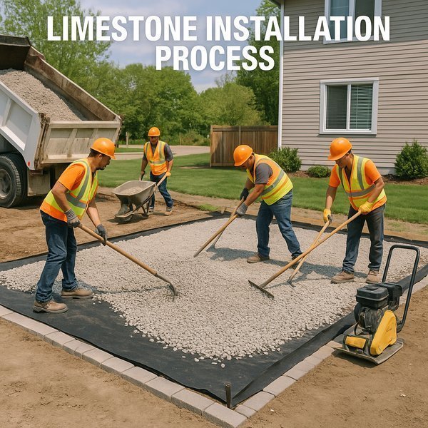 Professional limestone installation showing workers spreading and grading with proper depth layers